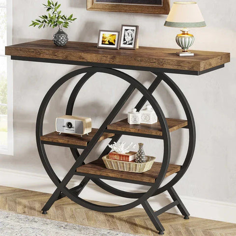 4-Tier Console Table, 100cm Entryway Table with Geometric Metal Frame