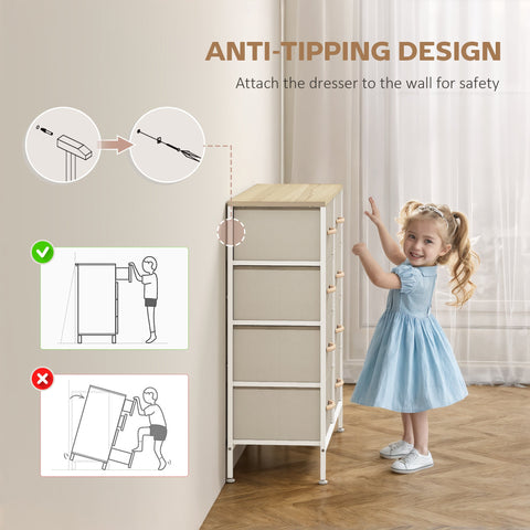 HOMCOM Fabric Chest of Drawers, Industrial Bedroom Dresser with 8 Fabric Drawers, Steel Frame and Wooden Top for Nursery, Living Room, Hallway, Maple Wood-effect