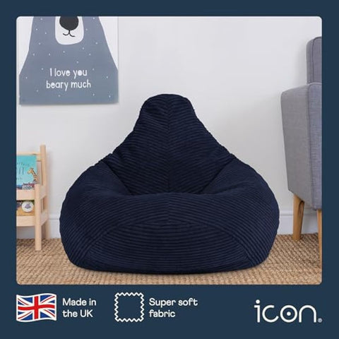 icon Dalton Kids Bean Bag, Navy Blue, Cord Kids Bean Bag Chair with Filling Included for Girls and Boys, Childrens Chair, Beanbags for Children, Playroom Décor, Bedroom Accessories