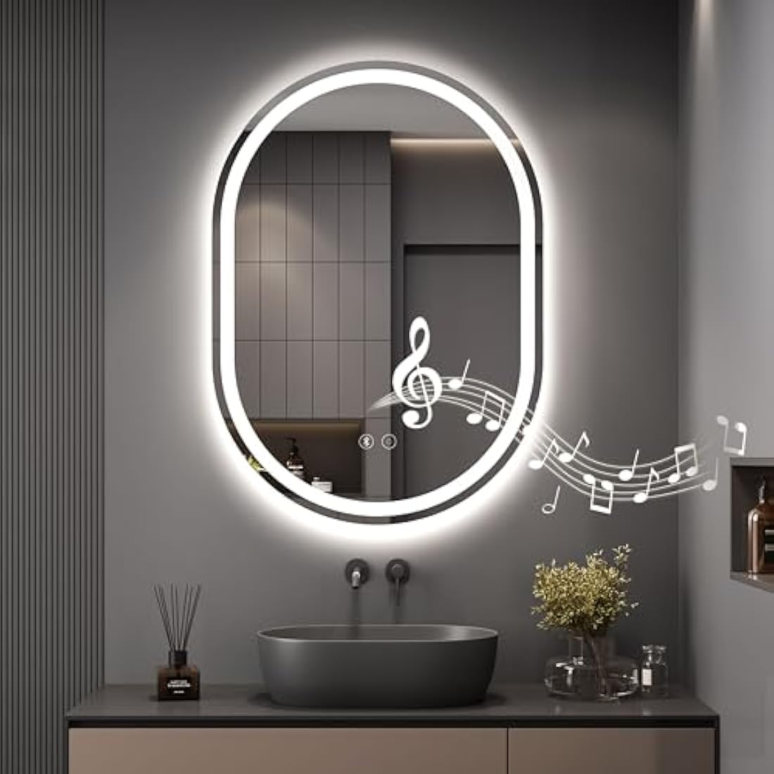 Dripex 500 x 700 mm Bluetooth Oval Bathroom LED Mirror, Illuminated Backlit Wall Mounted Mirror with Demister, Anti-fog, 3 Lighting Modes, Dimming Light, IP44