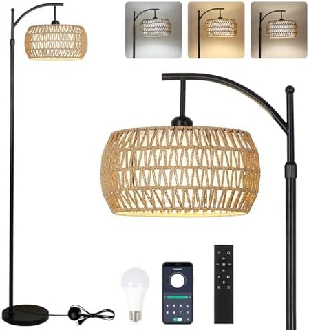 Rayofly Arc Floor Lamp for Living Room, Dimmable Floor Lamps with Remote Control, Boho Standing Lamp with Rattan & Linen Double Shades, Black Reading Tall Lamp for Bedroom Office, 9W LED Bulb Included