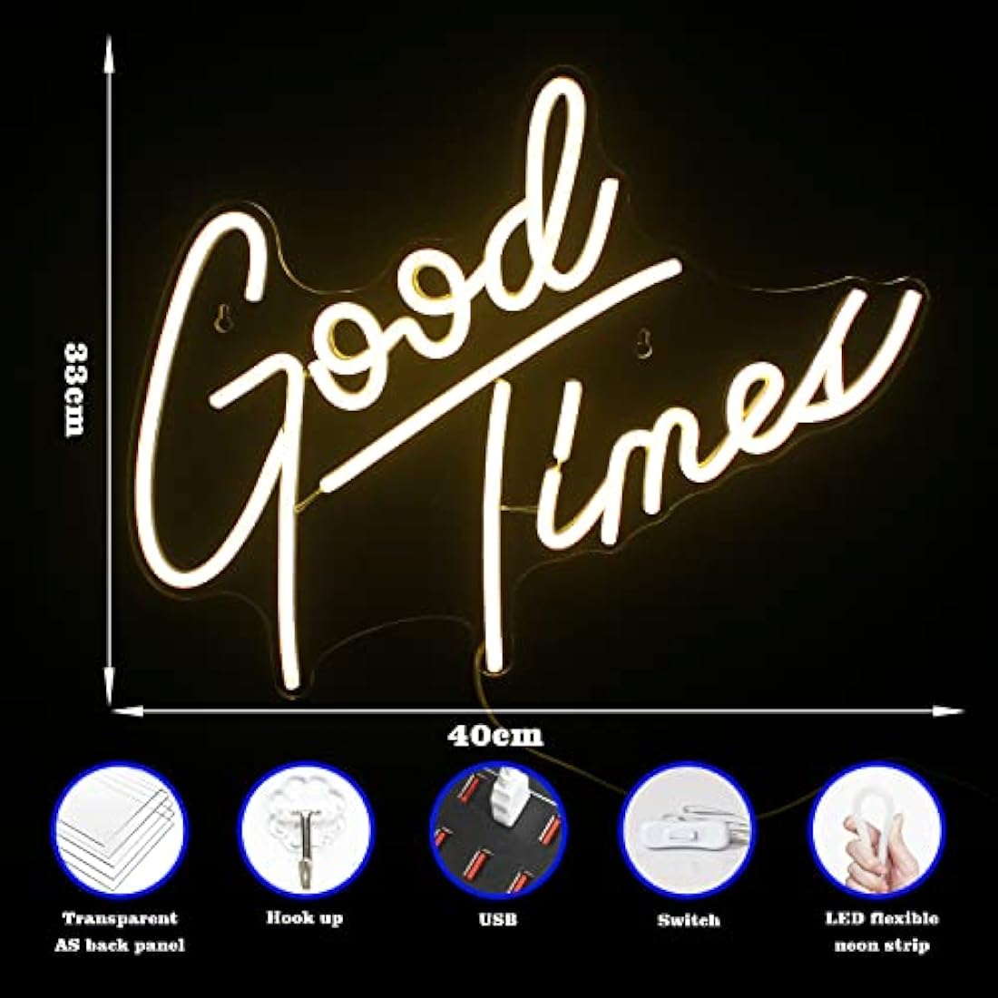 Looklight Good Times Neon Sign Warm White Led Neon Signs Letter Neon Light Happy Neon Signs for Wall Decor, USB Light Up Signs for Bedroom Bar Game Room Wedding Birthday Anniversary Party