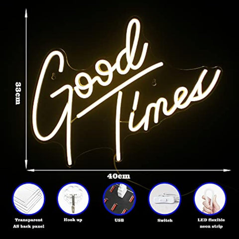 Looklight Good Times Neon Sign Warm White Led Neon Signs Letter Neon Light Happy Neon Signs for Wall Decor, USB Light Up Signs for Bedroom Bar Game Room Wedding Birthday Anniversary Party