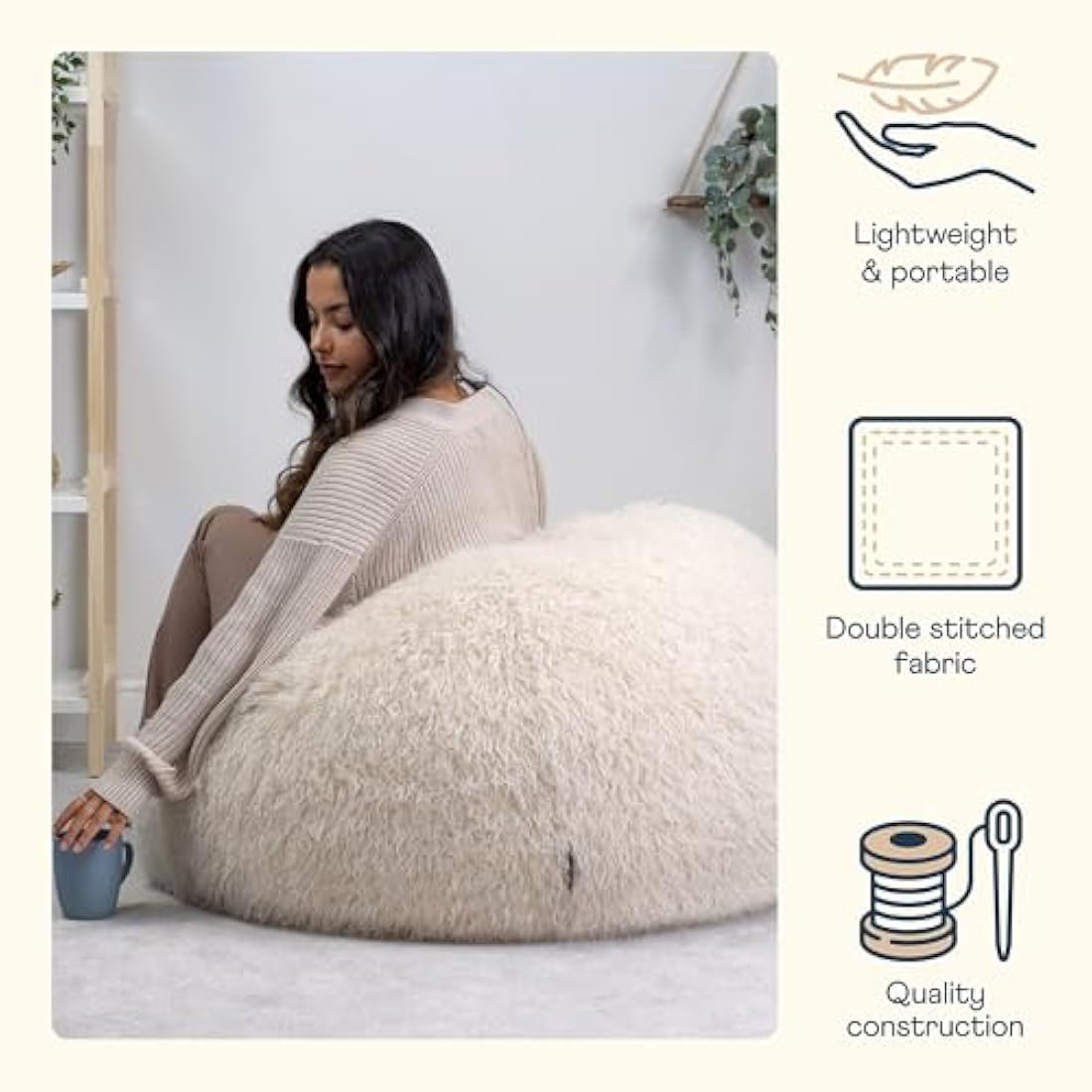 icon Kingston Faux Fur Bean Bag, Mongolian Fur, Large Adult Bean Bag Chair with Filling Included, Comfy Chair, Living Room Furniture, Bedroom Furniture