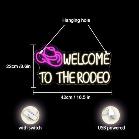 Ineonlife Welcome To The Rodeo Neon Sign, Western Cowboy Hat Neon Light for Wall Decor, Pink Warm White Neon Lights, Dimmable Led USB Light Up Signs for Living Room Man Cave Bar Recreation Room Decor