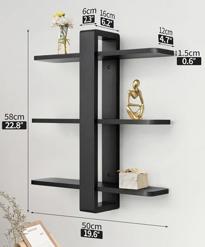 SUMGAR Floating Shelves Black for Wall Mounted Shelving Unit All Pine Wood 50CM 3 Tier Large Shelf for Bedroom Living Room Office Bathroom Home
