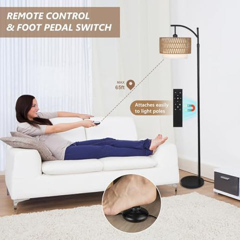 Rayofly Arc Floor Lamp for Living Room, Dimmable Floor Lamps with Remote Control, Boho Standing Lamp with Rattan & Linen Double Shades, Black Reading Tall Lamp for Bedroom Office