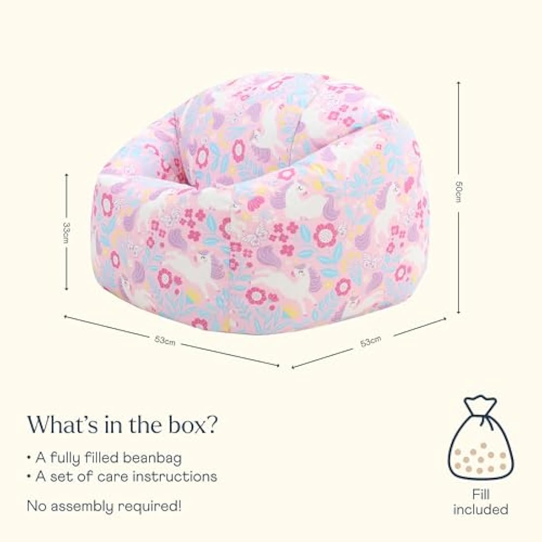 icon Unicorn Print Kids Bean Bag, Kids Bean Bag Chair with Filling Included for Girls and Boys, Childs Chair, Beanbags for Children, Nursery Décor, Playroom Décor, Bedroom Accessories