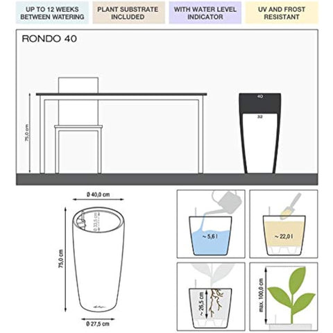 Lechuza RONDO 32 Self Watering Planter Large Plastic Indoor and Outdoor Plant Pot with Drainage Hole D40 H75 cm Charcoal Metallic