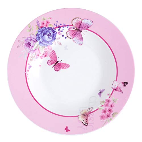 Porcelain Fine China Soup Pasta Bowls Wide Rimmed Set 4 Gift Box 9 inch 23cm (Butterflies Rose)