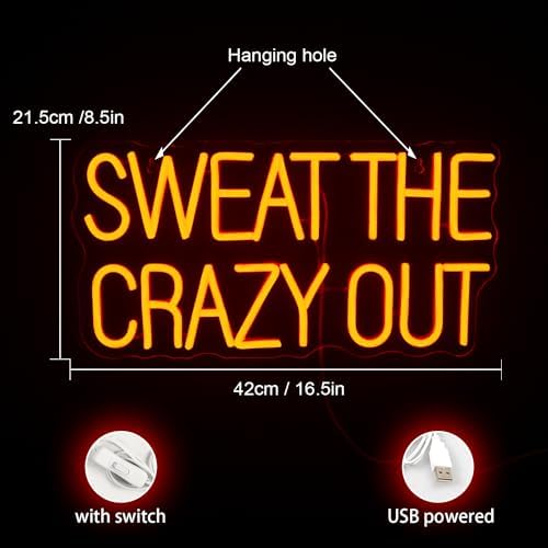Sweat The Crazy Out Neon Sign Letters Led Neon Lights Red Neon Wall Light Fitness LED Signs for Gym Sports Office Game Room Man Cave Decoration Gift for Boys Sports Fan