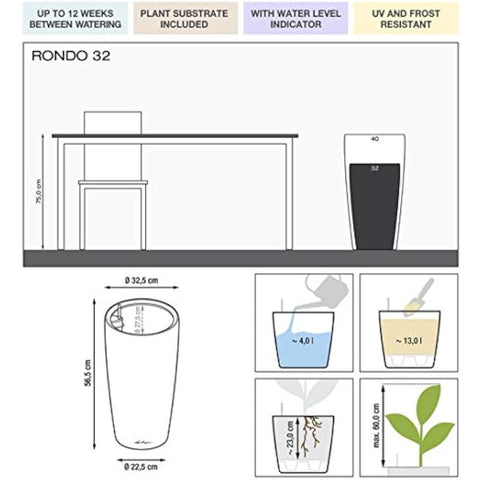 Lechuza RONDO 32 Self Watering Planter Large Plastic Indoor and Outdoor Plant Pot with Drainage Hole D32 H56 cm Black High-Gloss