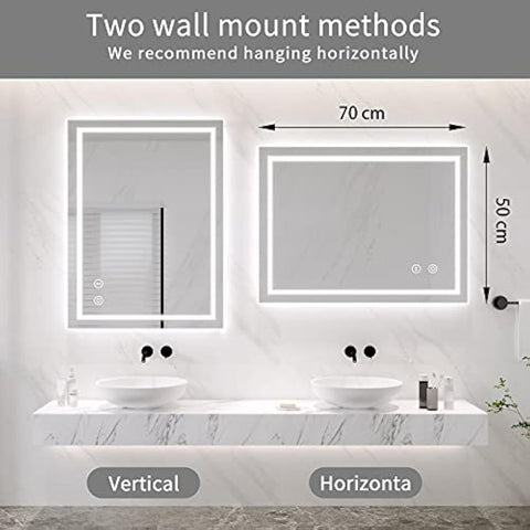 Dripex Bathroom Mirror with LED Lights, 500 * 700 MM Illuminated Backlit Wall Mounted Vanity Mirror Dimmable Switch 3 Colors and Demister Pad, Horizontal/Vertical