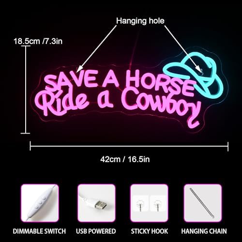 Ineonlife Cowboy Hat Neon Sign for Wall Decor, Save a Horse Neon Signs Dimmable Led Signs USB Connectivity Neon Light for Living Room Man Cave Bar Recreation Room Decoration, Western Cowboy Gift