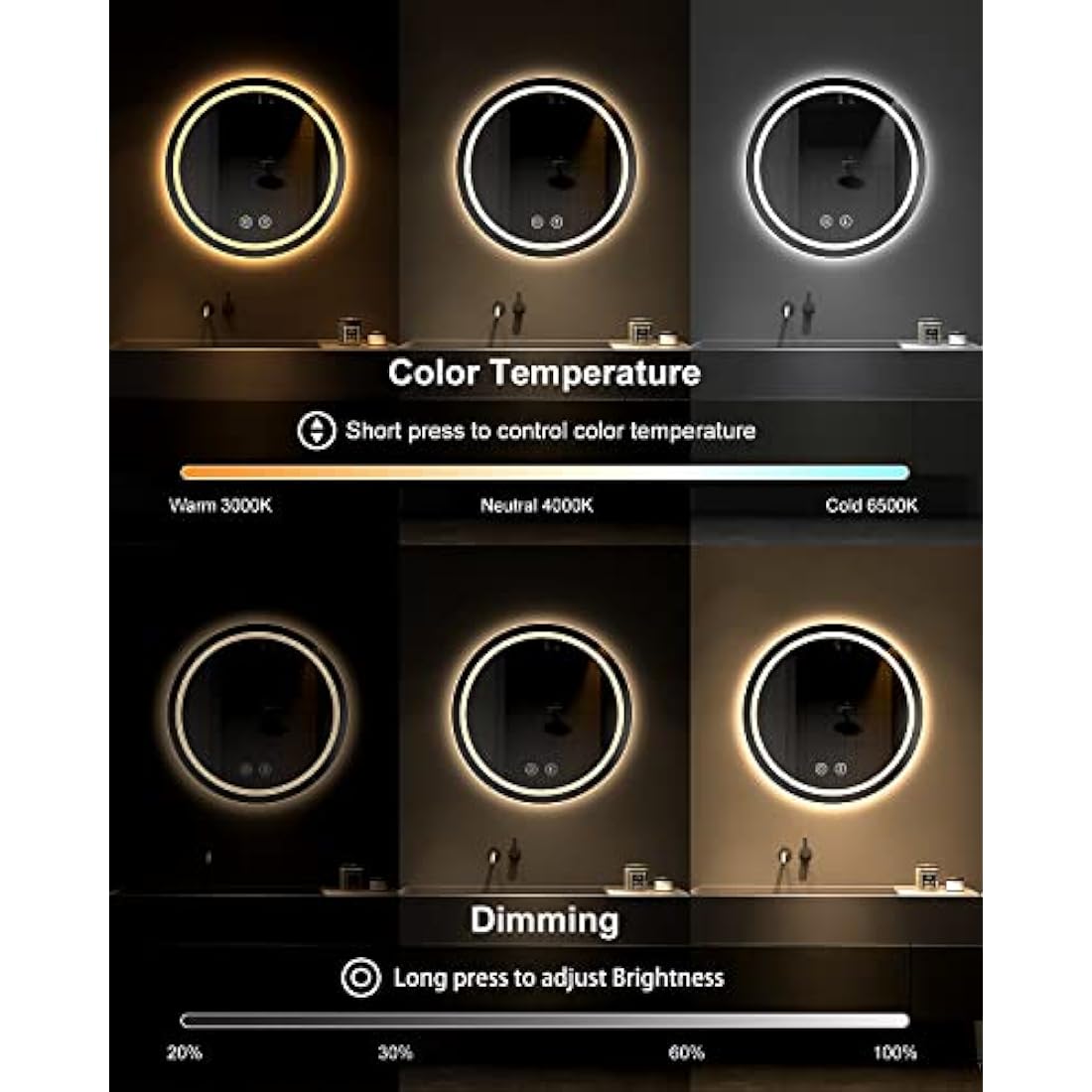 Dripex 700mm Round Bathroom Mirror with LED Light, Illuminated Circle Makeup Vanity Mirror with Demister Pad, Anti-fog, 3 Lighting Modes, Dimmable, Wall Mounted, Front+Backlit, IP44