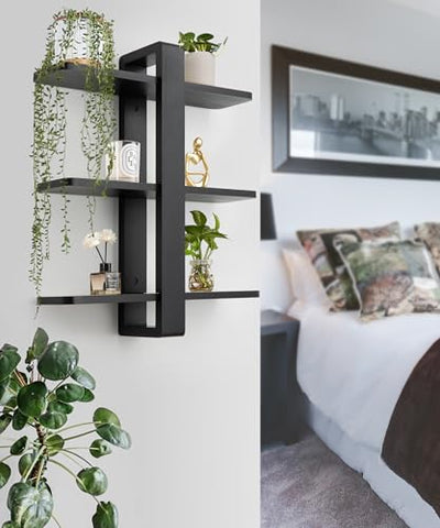 SUMGAR Floating Shelves Black for Wall Mounted Shelving Unit All Pine Wood 50CM 3 Tier Large Shelf for Bedroom Living Room Office Bathroom Home