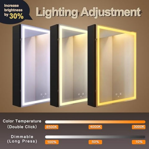 KWW 50 x 70 cm LED Lighted Bathroom Medicine Cabinet with Mirror, Defogger, Dimmer, 3 Color Light Makeup Mirror, Easy to Install, Wall Mounted Medicine Cabinet without Socket & USBs