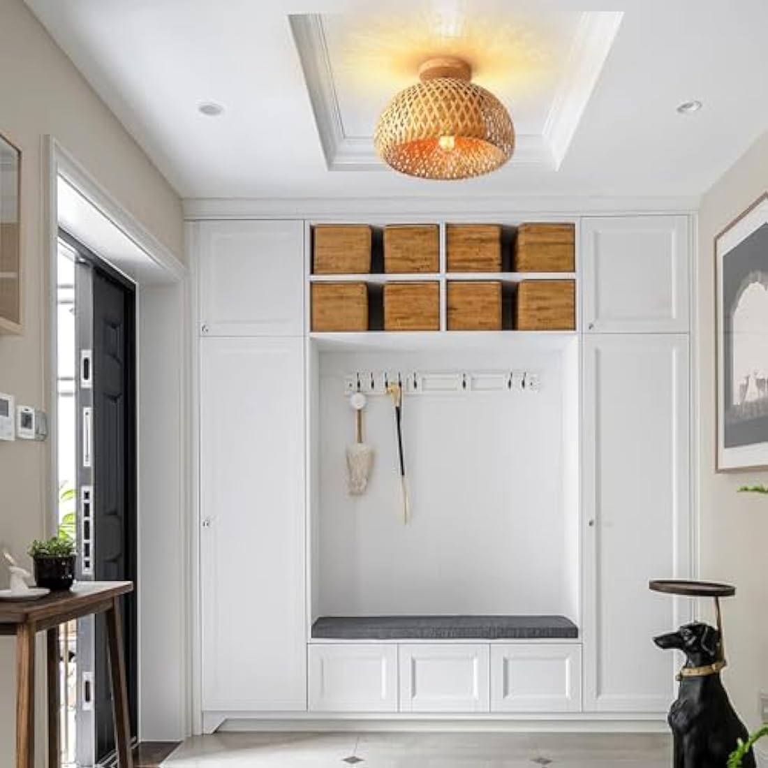 Schindora Bamboo Ceiling Light,Rattan Semi Flush Mount Ceiling Light Fixture,Handmade Boho Rattan Light Fixtures,Farmhouse Light Fixtures for Bedroom Nursery Hallway Corridor Passway