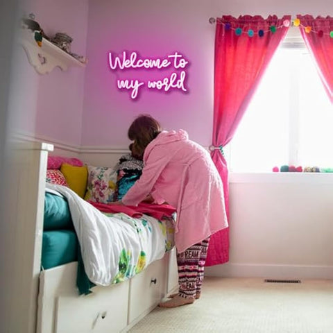 LUCUNSTAR Welcome To My World neon sign, neon letter signs for wall decoration, pink lights signs with USB connection for bedroom, window, playroom, living room