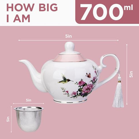 London Boutique teapot with Infuser - Tea Pot infusers for Loose Tea -700ml Capacity Perfect 2 Cup teapot -Easy Grab Handle Teapots (Rose Bird Butterfly Pink)