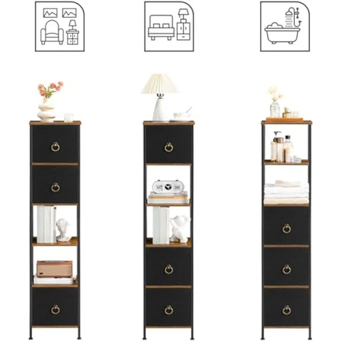 HOOBRO Tall Bathroom Cabinet, Narrow Corner Storage Cabinet, Slim Corner Shelf Unit with 3 Fabric Drawers and 2 Open Shelves, Narrow Storage Unit for Living Room, Rustic Brown and Black EBF140CW01