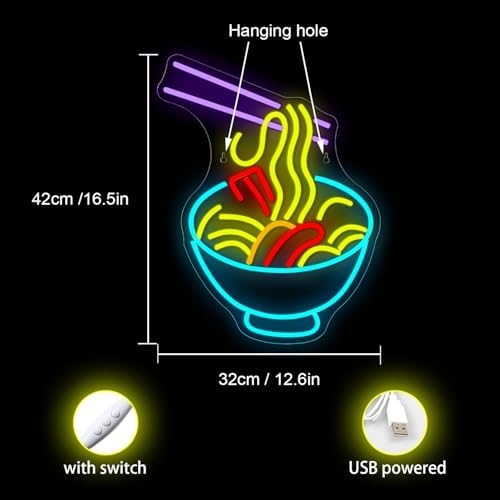 ineonlife Ramen Neon Sign, Blue Bowl Led Neon Lights for Wall Decor, Noodle Light Up Signs for Kitchen Resturant Home Dinning Room Bar Cafe Japanese Noodle Shop Decorations
