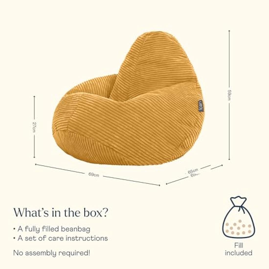 icon Dalton Kids Bean Bag, Ochre Yellow, Cord Kids Bean Bag Chair with Filling Included for Girls and Boys, Childrens Chair, Beanbags for Children, Playroom Décor, Bedroom Accessories