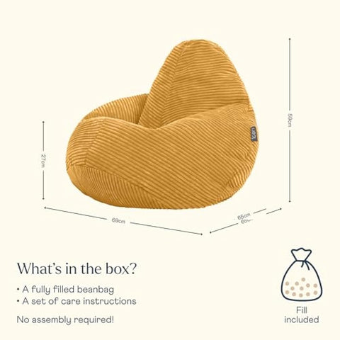 icon Dalton Kids Bean Bag, Ochre Yellow, Cord Kids Bean Bag Chair with Filling Included for Girls and Boys, Childrens Chair, Beanbags for Children, Playroom Décor, Bedroom Accessories