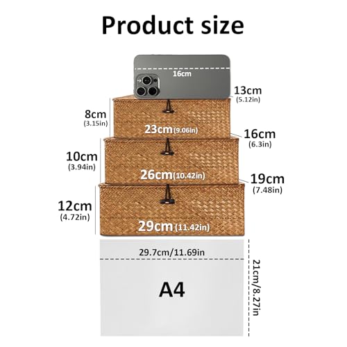 Wicker Storage Basket Woven Rattan Storage Box With Lids Seagrass Laundry Baskets Makeup Organizer For Bathroom, Living Room, Kitchen (S+M+L)