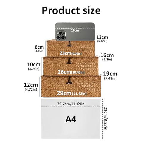 Wicker Storage Basket Woven Rattan Storage Box With Lids Seagrass Laundry Baskets Makeup Organizer For Bathroom, Living Room, Kitchen (S+M+L)