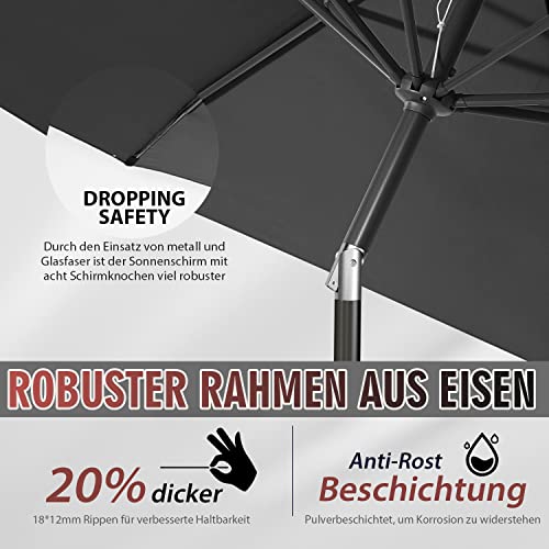 Sekey? 270 cm Parasol with Crank and Auto Tilt, Market Umbrella for Patio, Balcony and Garden, Windproof, Stable, UPF 50+, Grey, Round