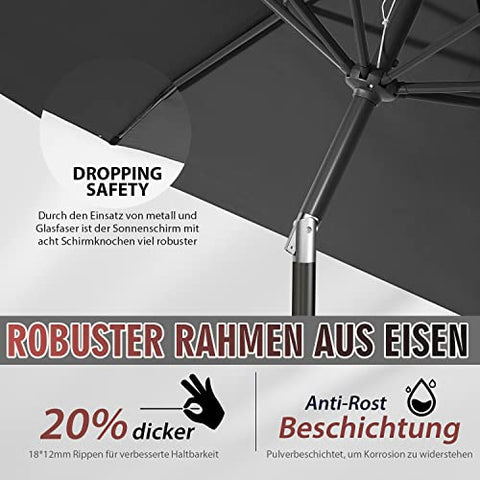 Sekey? 270 cm Parasol with Crank and Auto Tilt, Market Umbrella for Patio, Balcony and Garden, Windproof, Stable, UPF 50+, Grey, Round