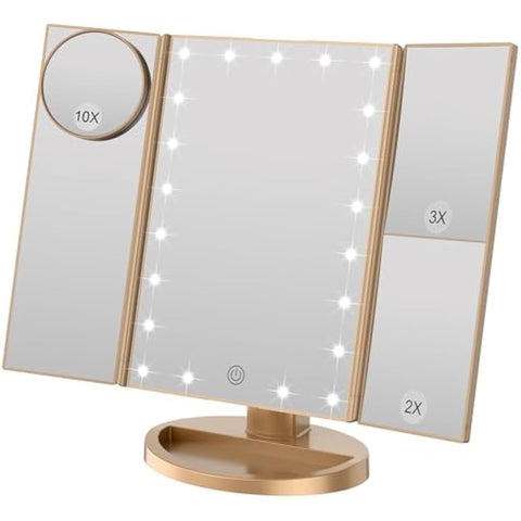 WEILY Tri-Fold Makeup Mirror with 2X/3X Magnifying 21 LEDs, 2 Power Supply Mode, Touch Switch Tabletop Cosmetic Mirror (Gold)