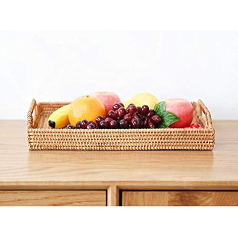 DOKOT Rattan Tray Tea Trays Rectangle Serving Tray with Handles for Coffee Table, Food, Drinks, Dinner, Breakfast, Home Decor Natural, 17x11.4x1.8inches