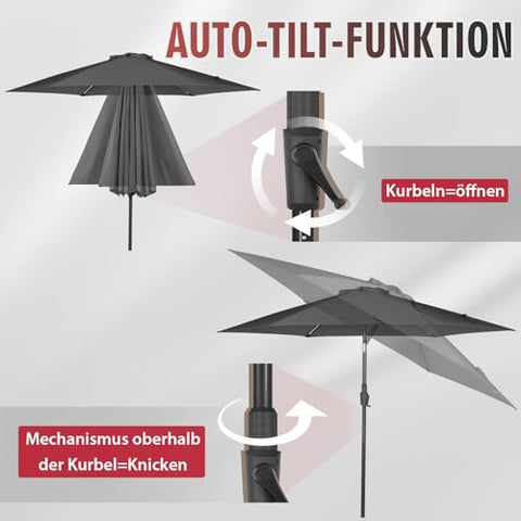 Sekey? 270 cm Parasol with Crank and Auto Tilt, Market Umbrella for Patio, Balcony and Garden, Windproof, Stable, UPF 50+, Grey, Round