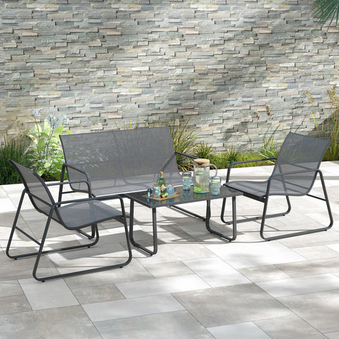 Outsunny 4 Piece Garden Furniture Set Outdoor Patio Sofa Set with Double Chair, Single Chairs and Glass Top Table for Terrace and Balcony, Light Grey