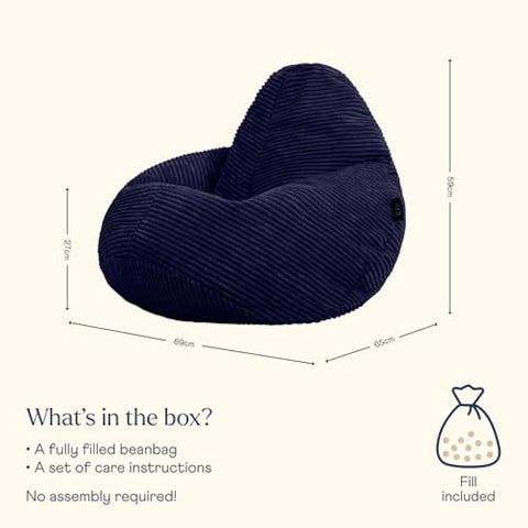 icon Dalton Kids Bean Bag, Navy Blue, Cord Kids Bean Bag Chair with Filling Included for Girls and Boys, Childrens Chair, Beanbags for Children, Playroom Décor, Bedroom Accessories