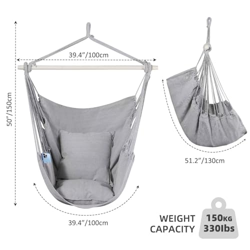 Goutime Hammock Chair Swing, 2 Seat Cushions/Pillows, Detachable Metal Support Bar, Carry Bag, Bedroom/Outdoor, 330 lbs max (Gray)