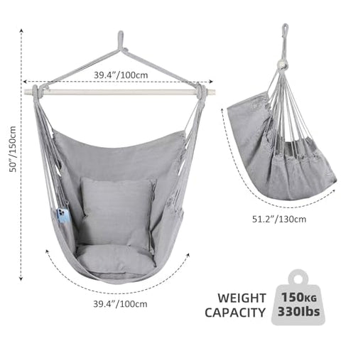Goutime Hammock Chair Swing, 2 Seat Cushions/Pillows, Detachable Metal Support Bar, Carry Bag, Bedroom/Outdoor, 330 lbs max (Gray)