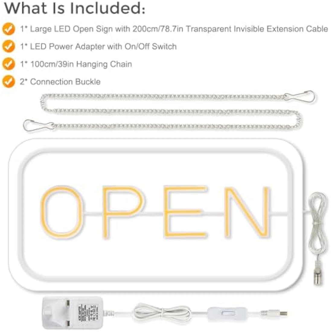 LightingWill LED Neon Open Sign, 23"x 12" Open Signs for Business with 12V On/Off Switch, Light Up Signs for Window, Coffee Shops, Stores, Restaurants Bars Hotel, Yellow/White, Horizontal