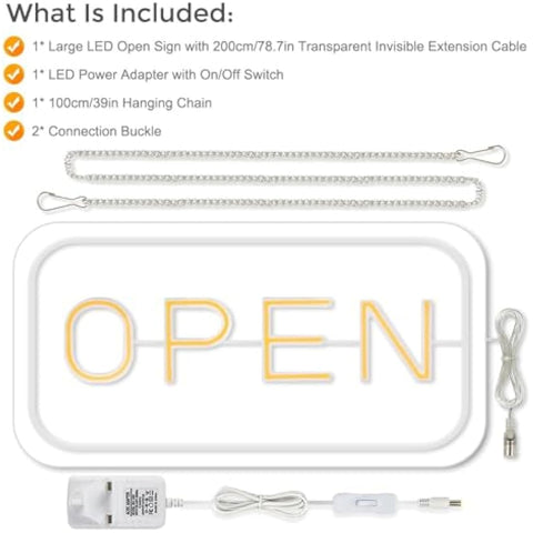 LightingWill LED Neon Open Sign, 23"x 12" Open Signs for Business with 12V On/Off Switch, Light Up Signs for Window, Coffee Shops, Stores, Restaurants Bars Hotel, Yellow/White, Horizontal