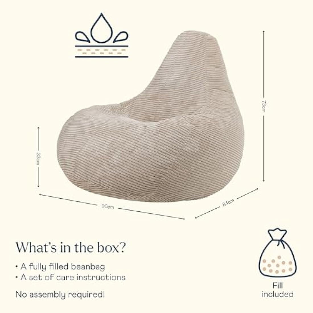 icon Dalton Cord Recliner Bean Bag, Beige, Large Adult Bean Bag Chair with Filling Included, Comfy Chair, Living Room Furniture, Bedroom Furniture