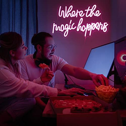 Where the Magic Happens Neon Signs Led Pink Word Light Up Signs For Wall USB Powered Letter Neon Light Signs Night Light For Bedroom Wedding Birthday Decor Girl Gift