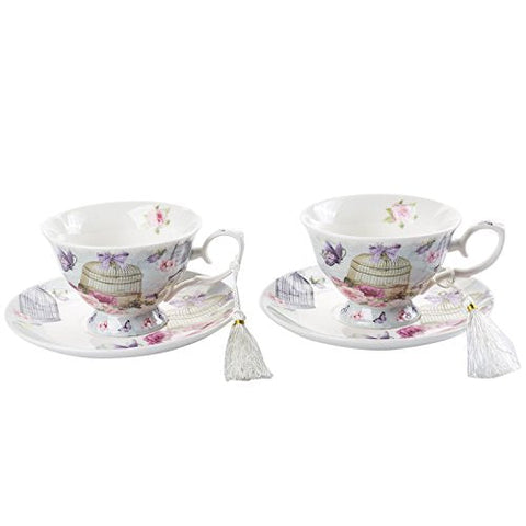 Coffee Tea Cup and Saucer Set 2 Shabby Chic Vintage Flora Porcelain Set Gift Box (Lalic Summer Garden)
