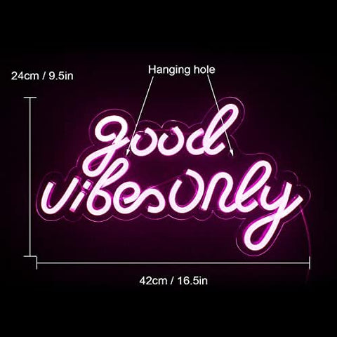 Good Vibes Only Neon Sign Pink LED Word Light Up Sign Neon Wall Lights Signs Acrylic Letters LED Signs for Bedroom Wall Bar Party Decor 16.5" X 9.4"