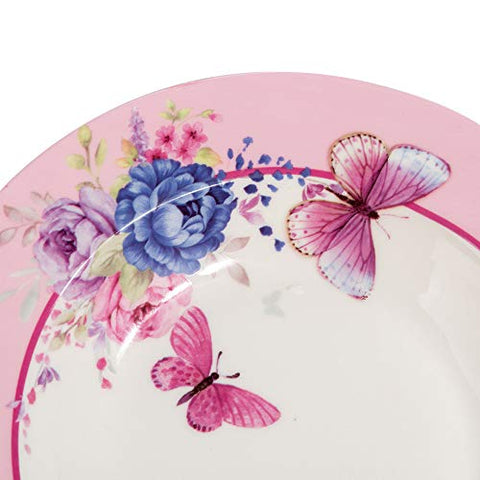 Porcelain Fine China Soup Pasta Bowls Wide Rimmed Set 4 Gift Box 9 inch 23cm (Butterflies Rose)