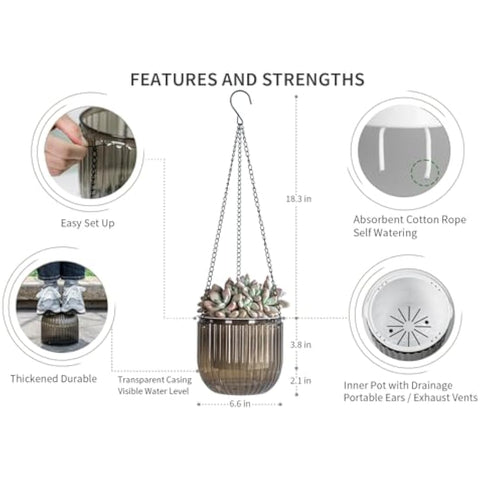 Josteve 6.5 Inch 2 Pcs Self Watering Hanging Planter Indoor Plant Pots with Drainage Holes, Outdoor Hanging Planters Flower Pot Basket, Visible Water Level, Plant Hanger Home Decor, Gardening
