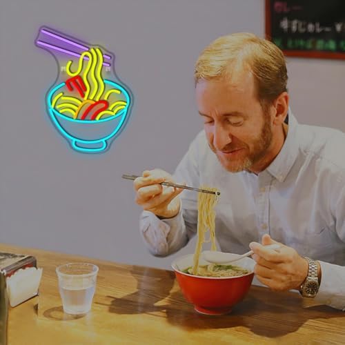 ineonlife Ramen Neon Sign, Blue Bowl Led Neon Lights for Wall Decor, Noodle Light Up Signs for Kitchen Resturant Home Dinning Room Bar Cafe Japanese Noodle Shop Decorations