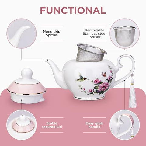 London Boutique teapot with Infuser - Tea Pot infusers for Loose Tea -700ml Capacity Perfect 2 Cup teapot -Easy Grab Handle Teapots (Rose Bird Butterfly Pink)