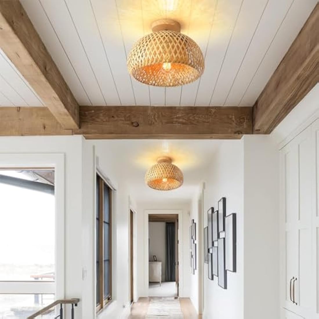 Schindora Bamboo Ceiling Light,Rattan Semi Flush Mount Ceiling Light Fixture,Handmade Boho Rattan Light Fixtures,Farmhouse Light Fixtures for Bedroom Nursery Hallway Corridor Passway